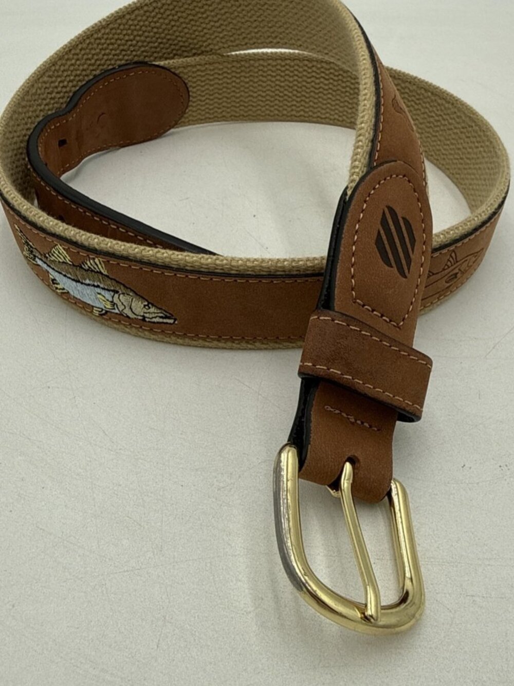 Fish Fabric Belt Tan Leather Brass Buckle Hand Made Sz 36 Fishing Brass Buckle